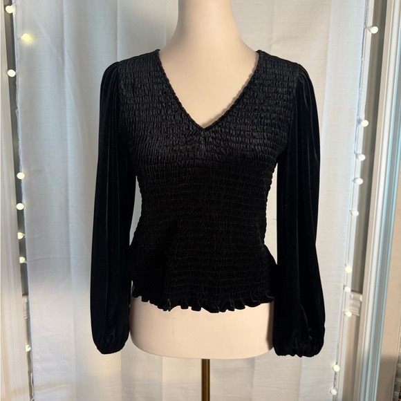 Express Black Smocked V-Neck Blouse Small - Picture 1 of 8